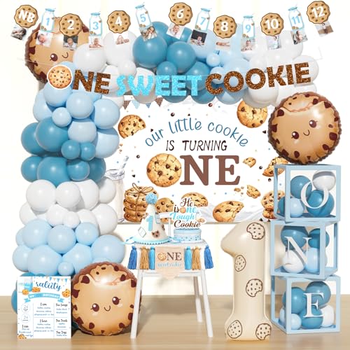 Costova Milk and Cookies 1st Birthday Decorations 106 PCs One Sweet Cookie Birthday Supplies with Backdrop Balloon Garland Cake Topper Hat for One Year Old Boy Party