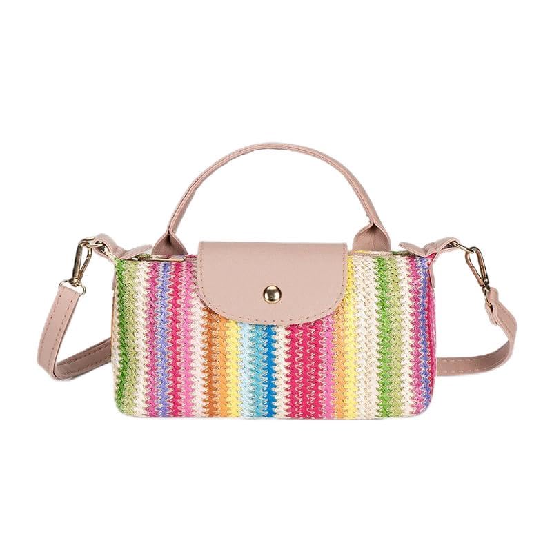 Bolsa tiracolo feminina de tecido de palha com alça superior, bolsa transversal de ombro único, bolsa de palha com alça removível ajustável, rosa, Rosa