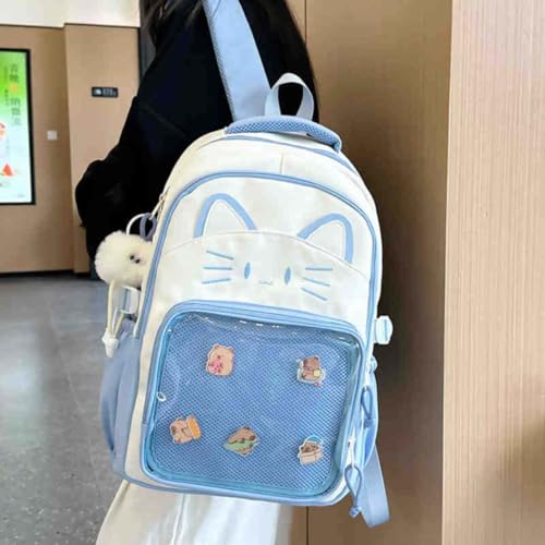 Kawaii Cat Ita Bag Backpack with Pin Badge Display Stylish Travel Bag for Women, Lightweight Design for Fashion Lovers (Blue)4