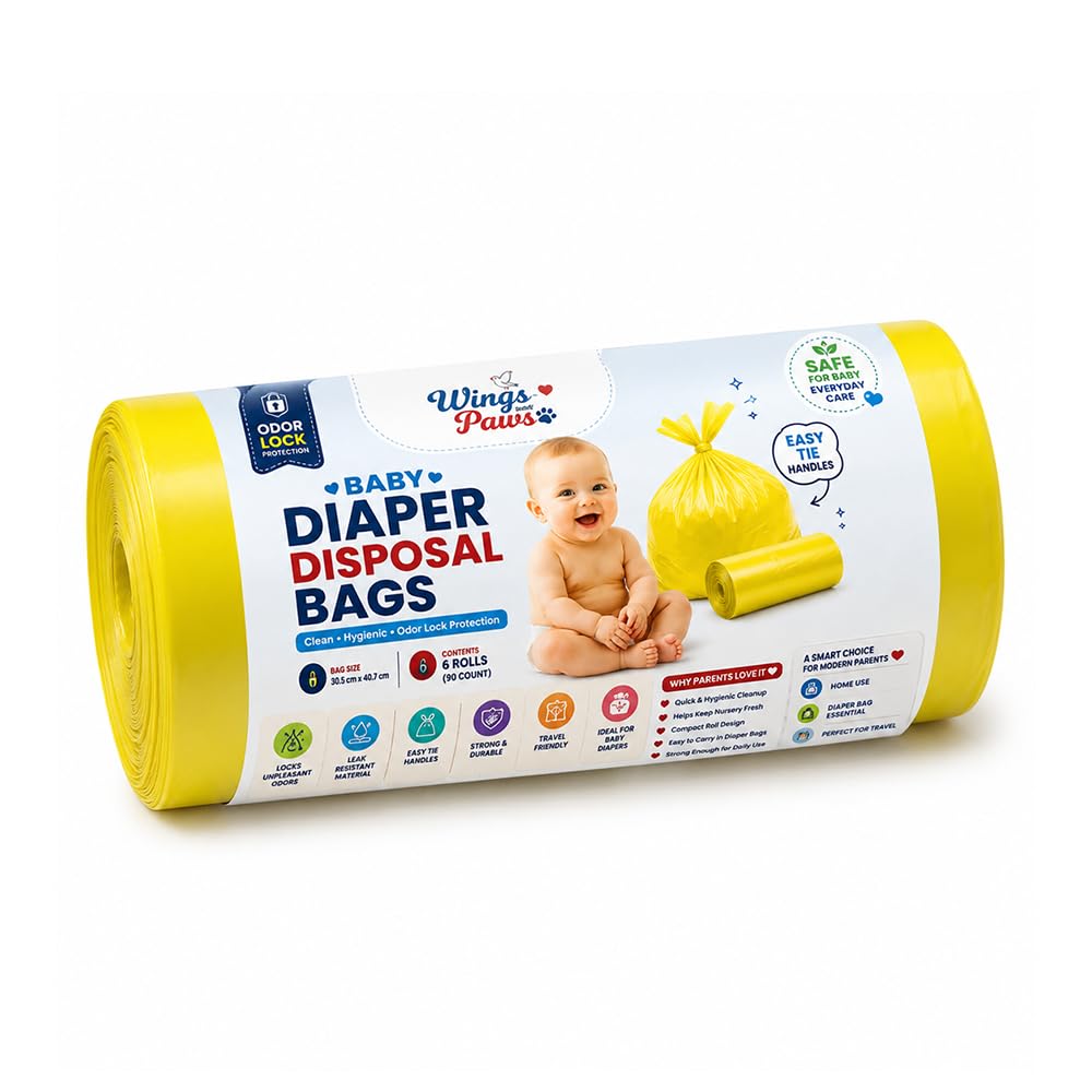 wings and paws baby diaper disposal bags 90 count (6 rolls) | leak proof odor lock nappy bags with easy tie handles | disposable waste bags for diapers, sanitary pads & pet waste