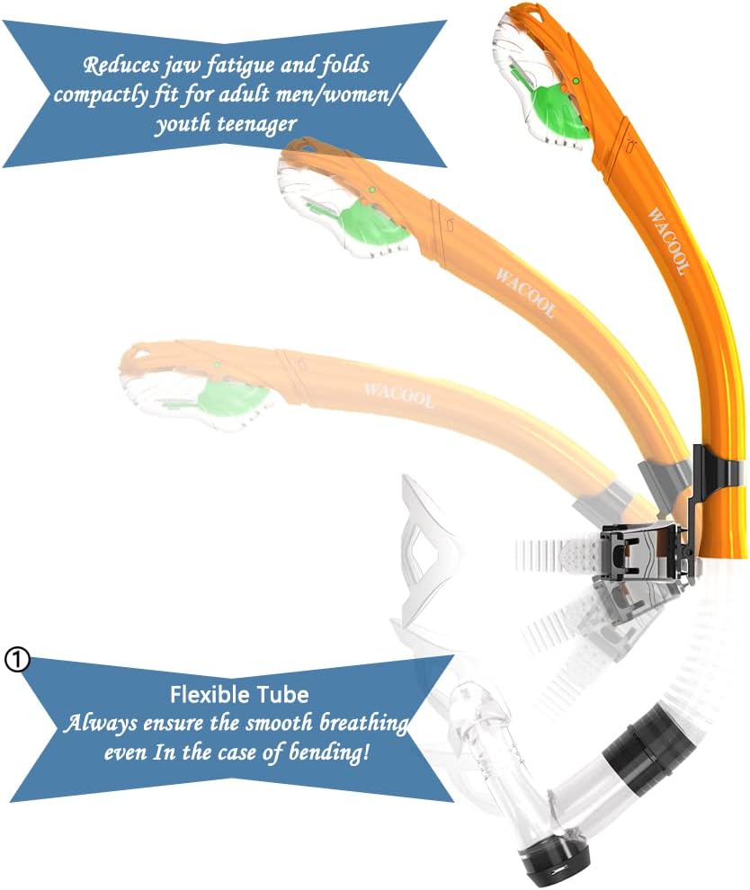 WACOOL Training Headstrap Support Dry Top Snorkel Tube Comfortable Mouthpiece One-Way Purge Valve for Pool Open Water Scuba Lap Swimming Swimmer Diving Snorkeling