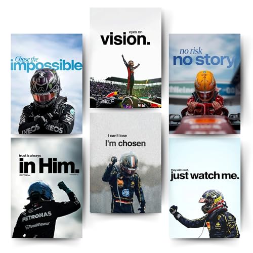 Image of Posters Inc Sports F1 Cars Motivational Posters for Wall A4 Size Aesthetic Setup 300 GSM Matte Paper Pack of 6 Automotive Motorsport Decor for Boys Gaming Room, Bedroom, Home & Office with Adhesive