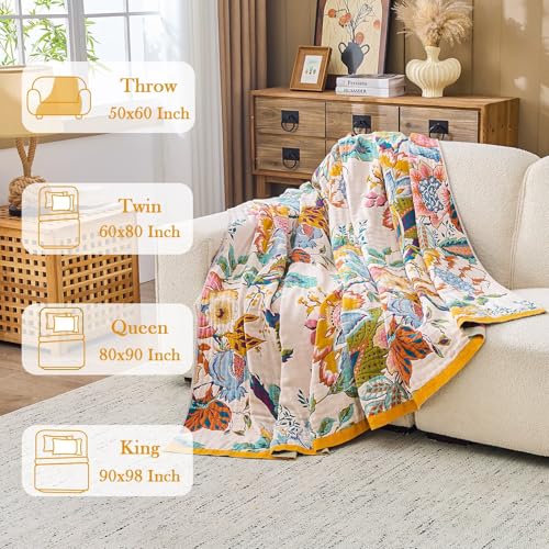 Image of XIBLC Boho Throw Blanket 100% Cotton Vintage Blanket Muslin Woven Flower Decorative Throw Blankets All Season Bohemian Rustic Farmhouse Decor Quilt for Bed (Yellow 80 inchx90 inch)