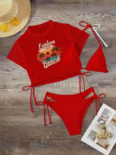Image of Sexybody Women's 3 Piece Swimsuit Halter String Bikini Tie Side Mesh Short Sleeve Bathing Suits