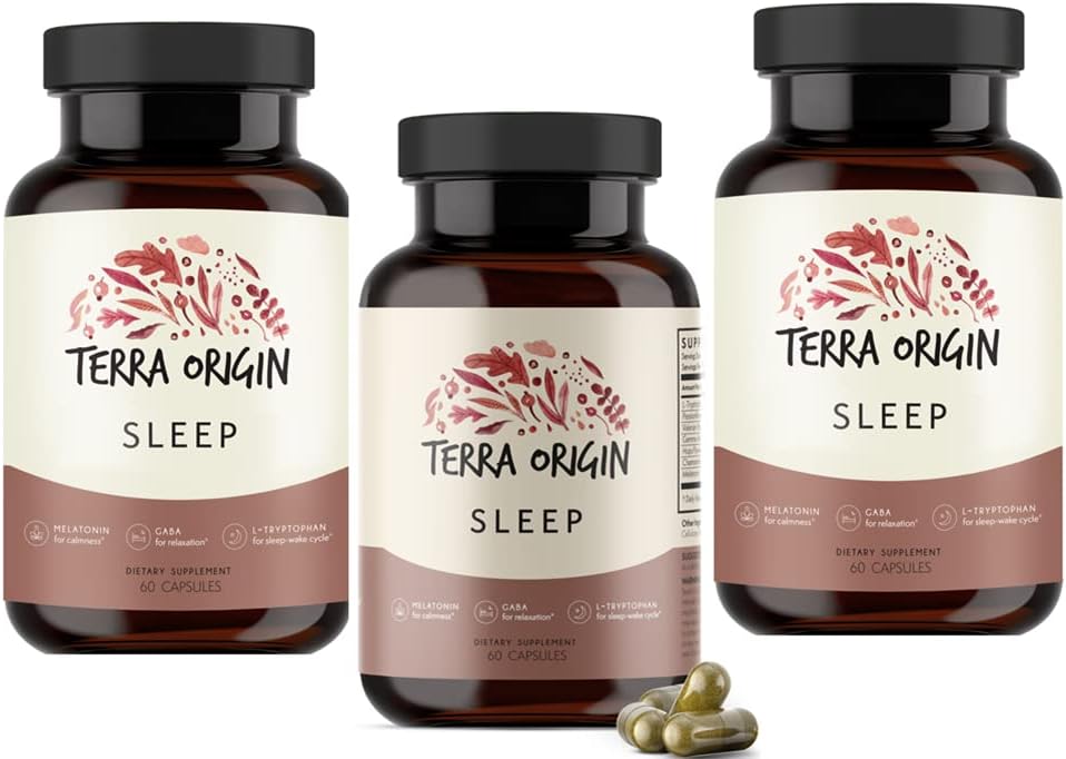 TERRA ORIGINSleep Supplement Capsules. Non-GMO, Vegan | 5mg Melatonin, L-Tryptophan, GABA, Chamomile, Valerian, PassionFlower - 180 Capsules (3 Bottles)