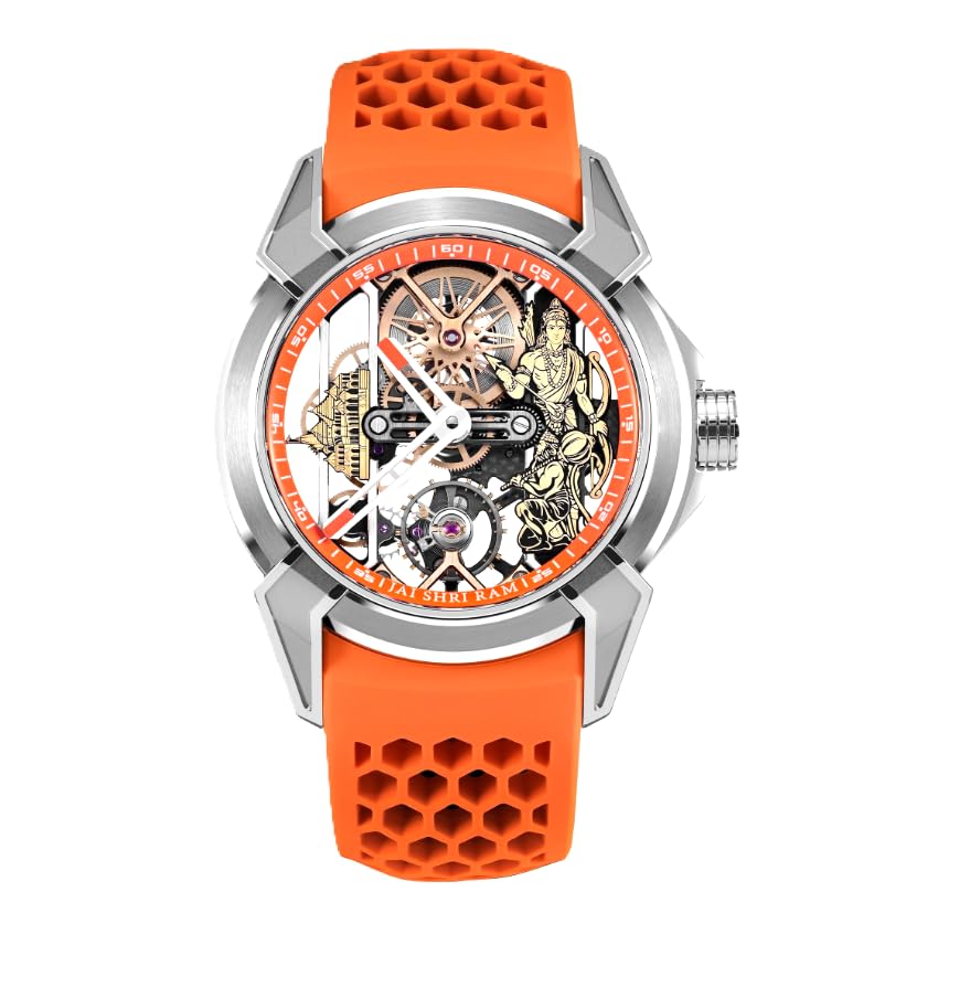 Image of Luxury Automatic Shree Ram Edition Watch for Men- Women Heavy Open Machine Design with Orange Straps, Shri Ram ji & Hanuman ji Artwork, Ayodhya Mandir Dial | Premium Devotional Wristwatch [41mm Bezel] 1Year warranty]