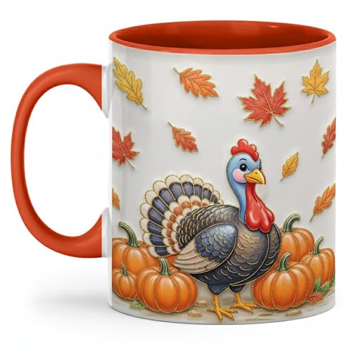Thanksgiving Turkey with Pumpkins Coffee Mug, Fall Harvest Animal...