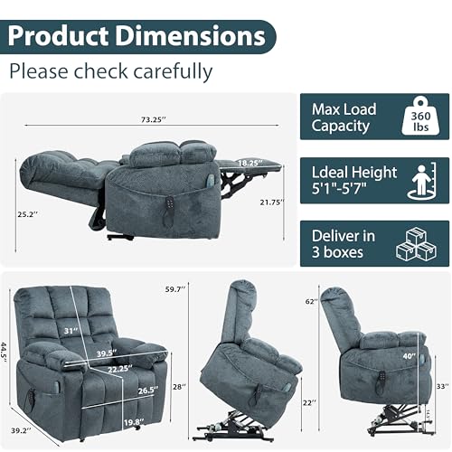 Oversized Zero Gravity Power Lift Recliner Chair for Elderly Adults Big Man Electric Lay Flat Recliner Triple Motor with Heat and Massage, Adjustable Seat Height, Arm Storage, Cup Holder