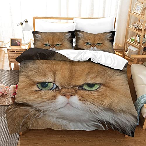 Juego de Funda de edredón con Estampado de Gato Lindo, Funda de edredón de Gato Persa, Juego de Cama de Animales para niños, Adolescentes, niños, Juego de Cama de 3 Piezas con 2 Fundas de Almohada