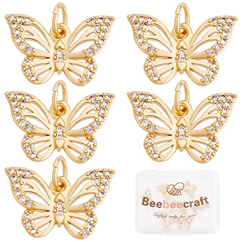 Beebeecraft 10Pcs Butterfly Charms Samll 18K Gold Plated Butterfly Charms Cubic Zircon Animal Pendants with Jump Ring for Jewelry Making Bracelet Necklace Earring(15x9.5x2mm)