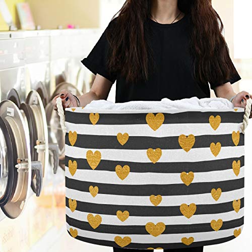 Image of visesunny Collapsible Large Capacity Basket Gold Heart Black White Striped Clothes Toy Storage Hamper with Durable Cotton Handles Home Organizer Solution for Bathroom, Bedroom, Nursery, Laundry,Closet