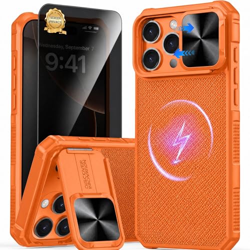 Image of Magnetic for iPhone 17 Pro Max Case with Privacy Screen Protector[Fit for Magsafe][Slide Camera Cover][Kickstand][Military Grade Protection]Shockproof Rugged Case for iPhone 17 Pro Max Orange