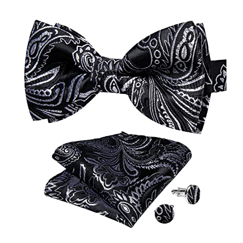 Image of DiBanGu Paisley Pre-Tied Bow Ties for Men Silk Adjustable Bowtie and Pocket Square Cufflinks for Wedding Party