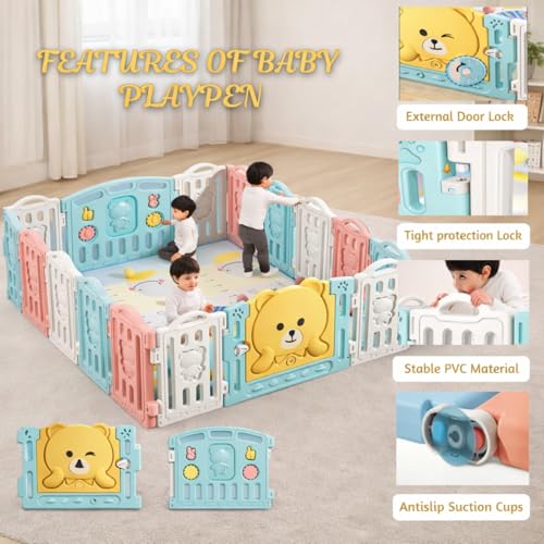 Image of 18 Panel Playpen for Babies up to 5 Year with Foldable Mat Big Size for Toddlers with Activity Panel Smart Folding & Portable Baby Play Fence for Kids Indoor with Gate (6x6 ft = 36 sqft)
