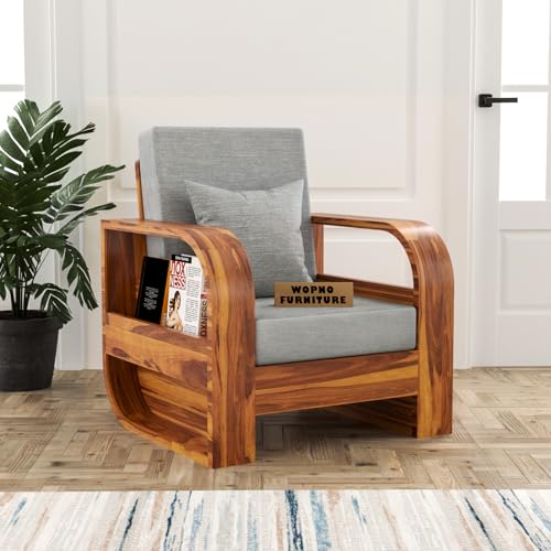 Image of Sheesham Wooden 1 Seater Sofa for Living Room | Solid Wood Sofa | Rosewood Sofa Set for Home & Office | Lounge (Honey,Grey, 1 Seater)