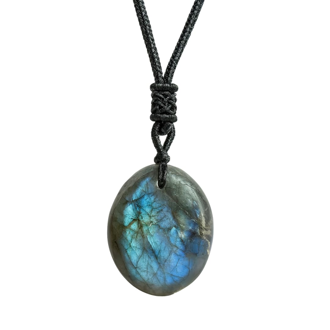 Collier en Labradorite Naturelle – Pierre Protectrice – Pendentif Ovale Poli avec Cordon Réglable – Bijou Énergétique pour Homme et Femme