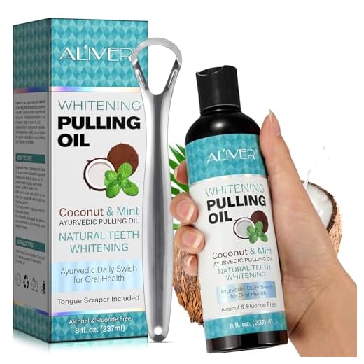 Oil Pulling 237 ml, Coconut Pulling Oil, Aceite de coco con raspador de lengua, Ayuda a mantener la higiene bucal, refrescar el aliento, blanquear los dientes y mantener las encías sanas,Sin alcohol