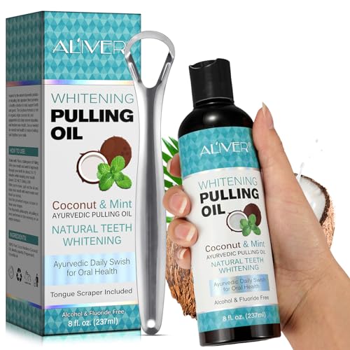 Oil Pulling 237 ml, Coconut Pulling Oil, Aceite de coco con raspador de lengua, Ayuda a mantener la higiene bucal, refrescar el aliento, blanquear los dientes y mantener las encías sanas,Sin alcohol