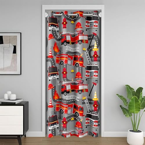 Rideau de porte de camion de pompiers pour enfants, motif camion de pompiers, rideau de porte de porte gris pour cuisine, salon, chambre à coucher, 86,4 x...