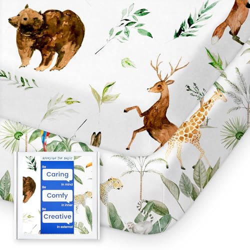 Image of Pack N Play Sheets Fitted, TotBasic Ultra Soft Woodland Mini Crib Sheets, Premium Jersey Knit Pack and Play Sheets, Stretchy Neutral Play Yard Sheets for Pack and Play Mattress, 2 Pack (Animal Safari)