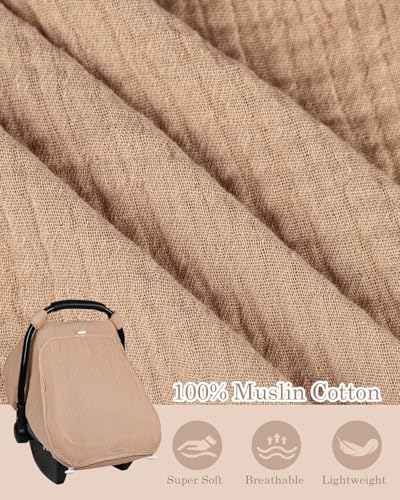 Image of DILIMI Car Seat Covers for Babies, Muslin Cotton Baby Car Seat Cover with Breathable Mesh Window, Summer Infant Car Seat Canopy for Boys Girls Newborn, Gray Taupe