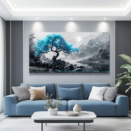 KELIYUAN Large Wall Decor Canvas Painting Wall Art For Bedroom Living Room Decoration Blue Tree Black And White Foggy Mountain Landscape Art Print Picture Room For office Room Home Decor 30x60 In