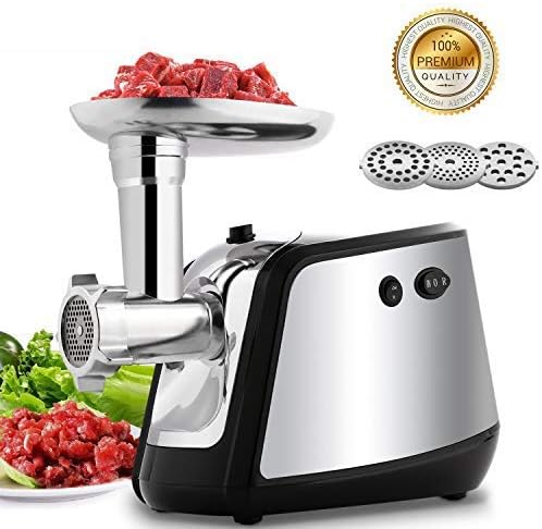 Electric Meat Grinder, Meat Mincer with 3 Grinding Plates and Sausage Stuffing Tubes for Home Use &Commercial, Stainless Steel/Silver/1000W(Max)