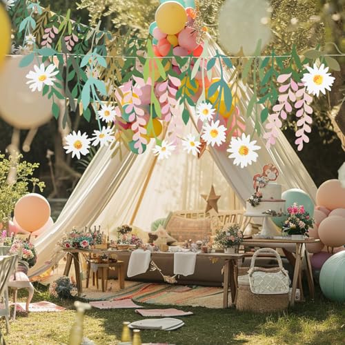Image of Yeaqee 2 Pcs Flower Banner Garland Cute Double-Sided Waterproof Spring Floral Birthday Party Decoration Paper Backdrop for Wedding Baby Shower(Daisy,White)
