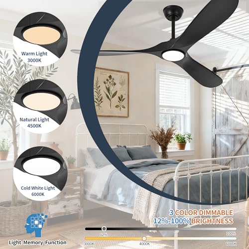 Image of Black Ceiling Fan with Light 52 Inch, Outdoor Ceiling Fans with Lights and Remote for Indoor Bedroom Living Room Patios Gazebo Modern Wooden 3 Blade Propeller Wet Rated Reversible DC Fan