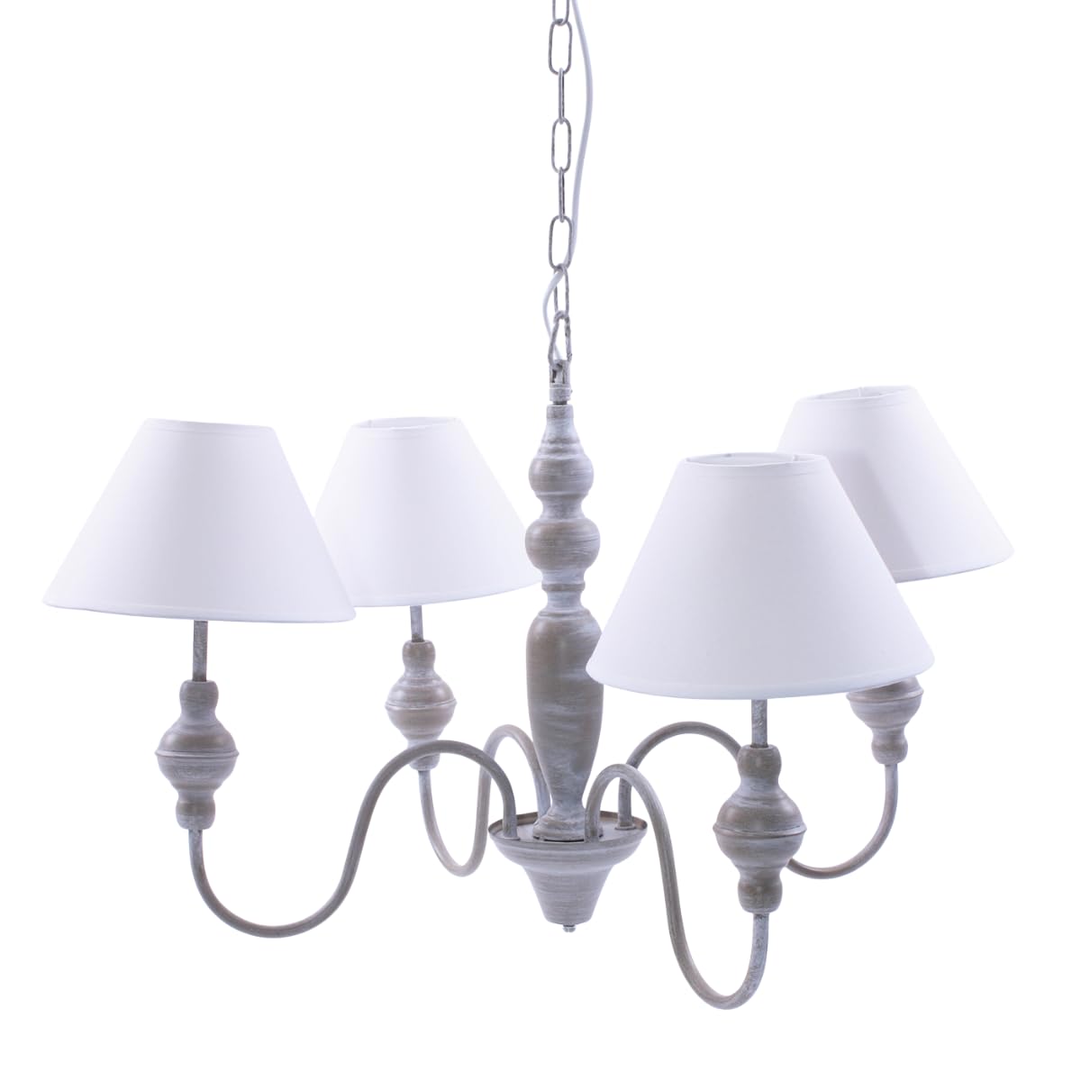 DiKasa Lampadario a Sospensione 4 Bracci in Metallo Grigio Stile Shabby Chic, Paralumi in Tessuto Bianco Smontabili, Attacco E14, Diametro 56 cm Altezza 95 cm