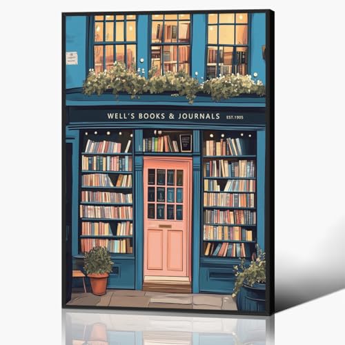 Image of Book Canvas Wall Art, Antique Book Shop Room Aesthetic Poster, Bookish Reading Art Print, Literature Art Picture for Home Library Reading Nook Wall Decor 12x16in Framed