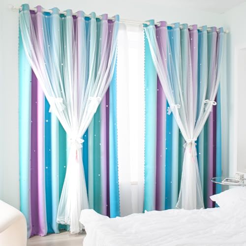 Image of Yancorp Curtains for Girls Bedroom Kids Curtain Hollow-Out Star Window Nursery Curtain 63 inches Length Room Darkening Grommet 2 Layers,1 PaneliE†Purple Teal Blue, W52 X L63