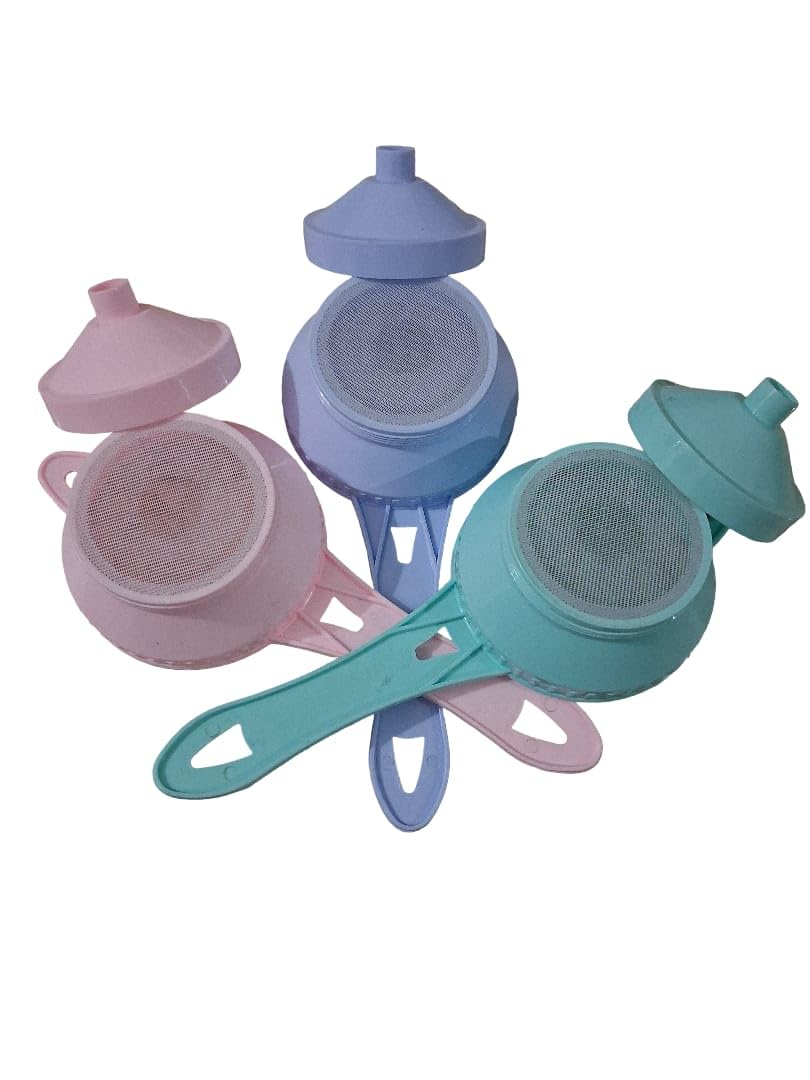 ARCHITHA Creations,Kitchen Strainer with Handle, Teapot Shape Design, Mesh Filter, 3 Pack, Pink Blue Green,Strainer with Funnel-image-8