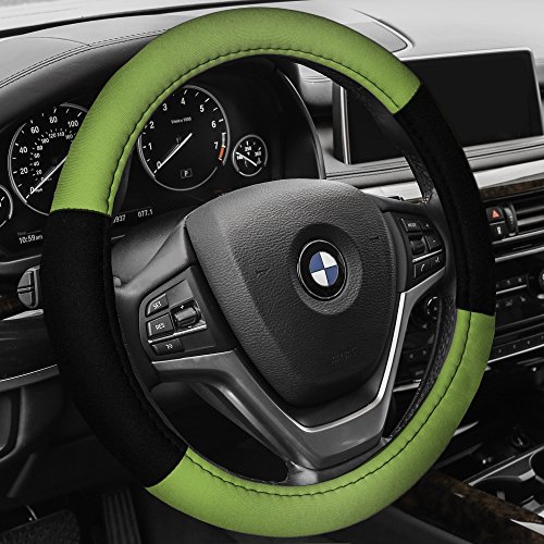 Image of FH Group Universal Fit Modernistic and Seat Belt Pads Combo Set Steering Wheel Cover Fits Most Cars, SUVs Green