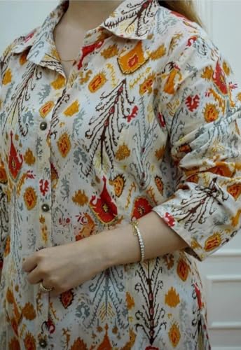 Greciilooks Rayon Below The Knee Formal Travel Floral Printed Ethnic Co-Ord Kurta Set For Women (Available In 2Xl And 3Xl) (Gl-W1826_Off White_S)