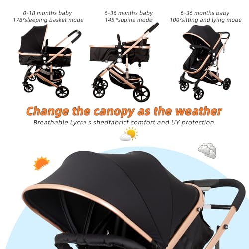 3-in-1 Baby Pram & Stroller with Bassinet | High Landscape Luxury Travel Pram for Newborn to Toddler | 50kg Capacity & Spring Shock Absorption | One-Hand Fold, 5-Point Harness | Includes Mosquito Net & Cup Holder (Black) - Image 5