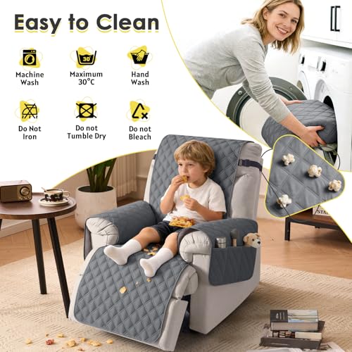 Image of TAOCOCO Polyester Recliner Chair Cover - Waterproof 1 Seater Sofa Protector, Anti-Slip Armchair Cover With Pockets for Pets (Dark Grey)