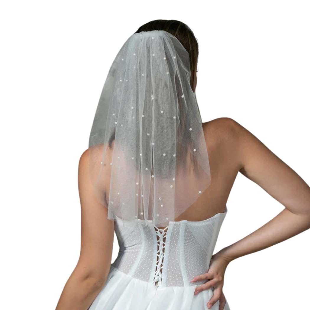 CASOLVX Bridal Pearl Veil Short Pearl Veil White Tulle Wedding Headwear for Bridal Women and Bridesmaids