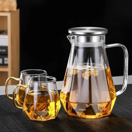 Image of Borosilicate Water Jug with Lid, Stainless Steel Air Tight Lid, Iced Tea Pitcher, Water Jug, Hot Cold Water, Milk and Juice Beverage Carafes - 1450ml Water Glass Jug (Diamond)