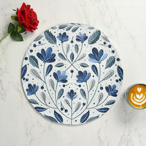 Image of LaVichitra Cotton Table Placemat | Dining Table Mat | Bed Side Table Mat | Cotton Round Shape Placemats | Washable PlaceMat for Shelves & Plant Pots - Pack of 6, Botanical Print
