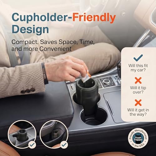 Image of Trash Trapper Car Trash Can Cup Holder | Mini Car Trash Can | Fits in Most Doors | 5.1 inch x 2.9 inch | Traps More & Empties Less, Patent-Pending Compaction, 250th Anniversary Edition, Black /Red-White-Blue