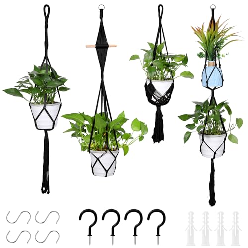 Zorplex 4 Piezas Colgadores De Macramé para Macetas, Cuerda de Algodón Trenzado Estilo Bohemio con Ganchos, Soportes Colgantes Decorativos para Plantas de Interior, Jardín y Ventana (Negro)