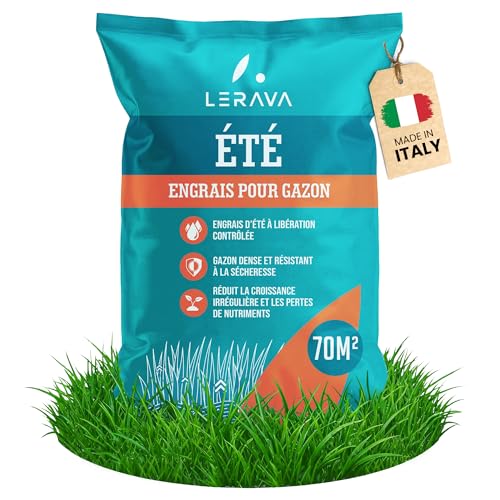 LERAVA® Engrais gazon été (70m²) - Nutrition équilibrée pour pelouse verte et dense - anti mousse gazon granulés riche en azote - Croissance résistance...