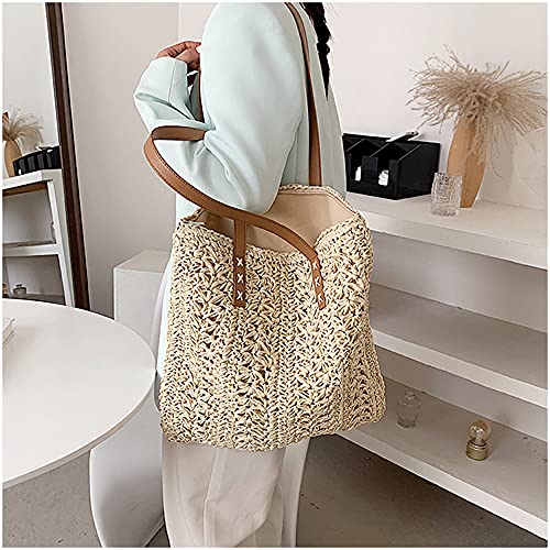 Image of Naimo Women Straw Beach Shoulder Bag Woven Tote Handbag Large Handmade Weaving Summer Casual Hobo Bag