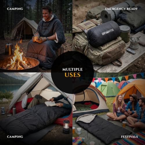 Bolsa de dormir ajustable para adultos, 3 estaciones, rectangular, con capucha y aperturas para brazos, portátil para camping, senderismo y viajes al aire libre, negro miniatura 6