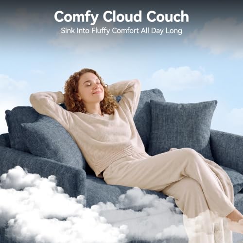 Image of 72'' Cloud 3 Seater Couch with 2 Ottomans, U Shaped Sofa with 3 Throw Pillows, Modern Sectional Couches with Deep Seat, Modular Sofas for Living Room, Bedroom, Small Apartment, Blue