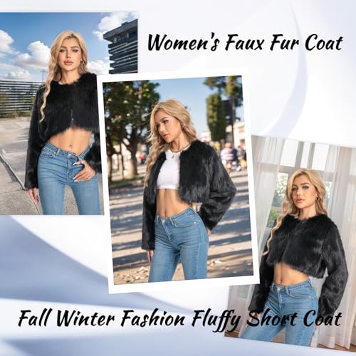 Petite Cropped Fur Coat for Women, Faux Furry Long Sleeve Fluffy Jacket Open Front Winter Shaggy Warm Outwear.4