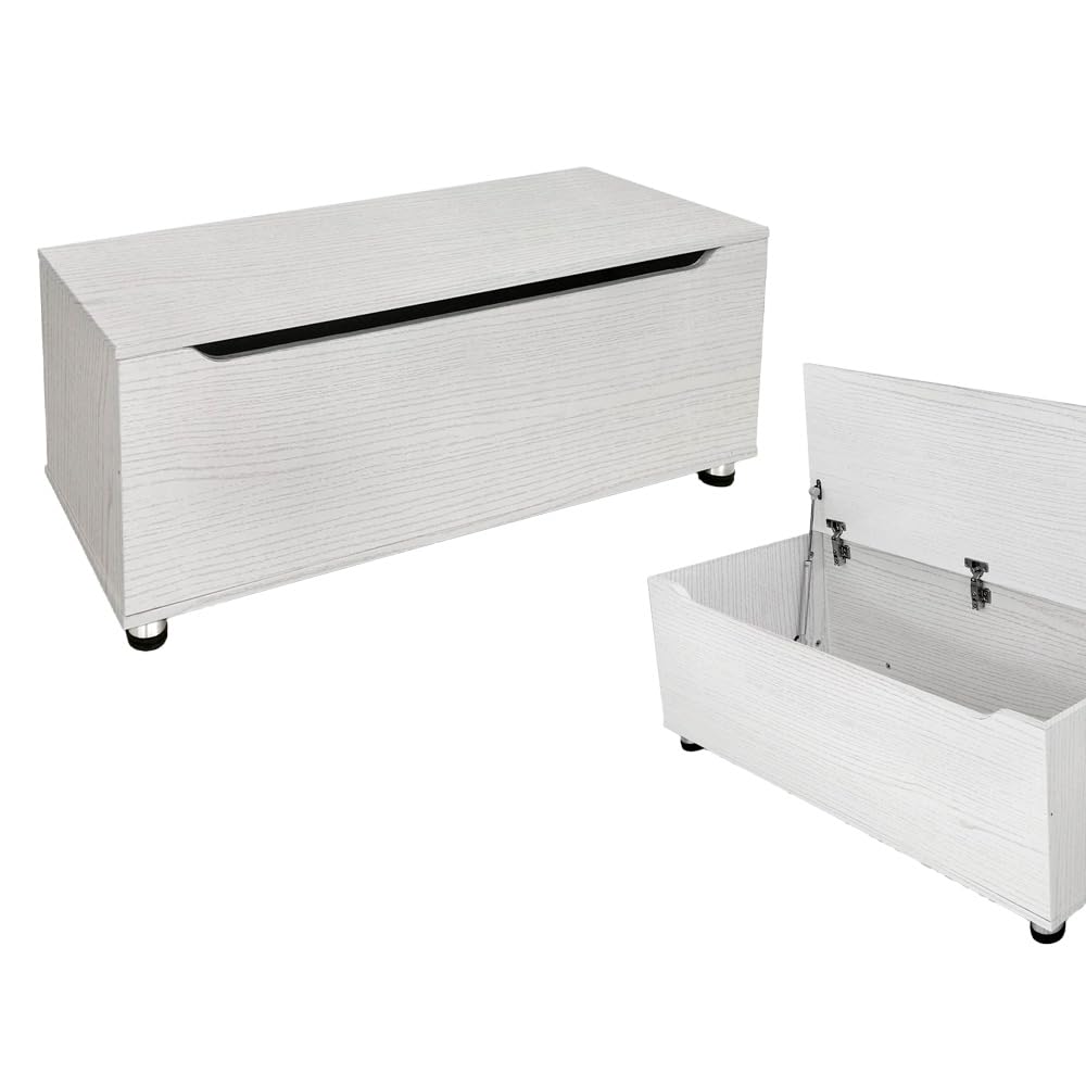 Cassapanca Contenitore Rettangolare in Legno Bianco - Portaogetti, da Ingresso, Poggiapiedi, Salvaspazio, Camera da letto, Soggiorno, Design Moderno, con Venature - 100X40X35h CM