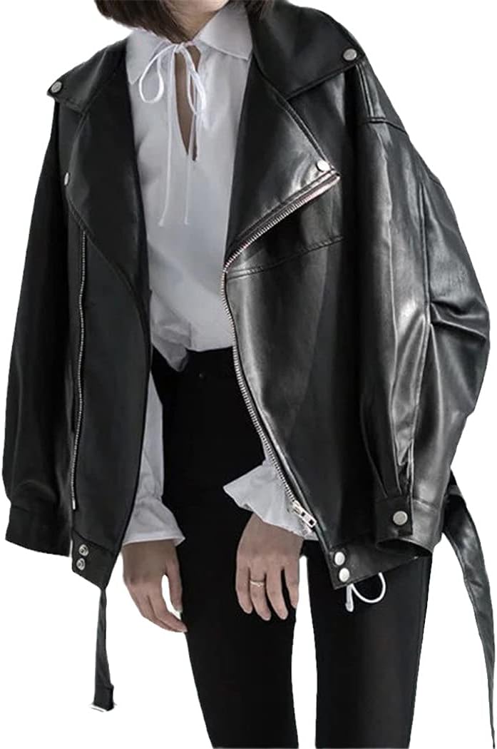 KEHAIOO Women Soft Faux Leather Jacket with Belt Black Pu Leather Biker Jacket Basic Coat Street Casual Outerwear