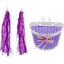 2 Pieces Kids Bike Grips Sparkle Retro Pom Pom Tassels Handlebar Streamers Purple + Kids Girls Pretty Bike Bicycle Front Basket Shopping Holder Case Easy Mount